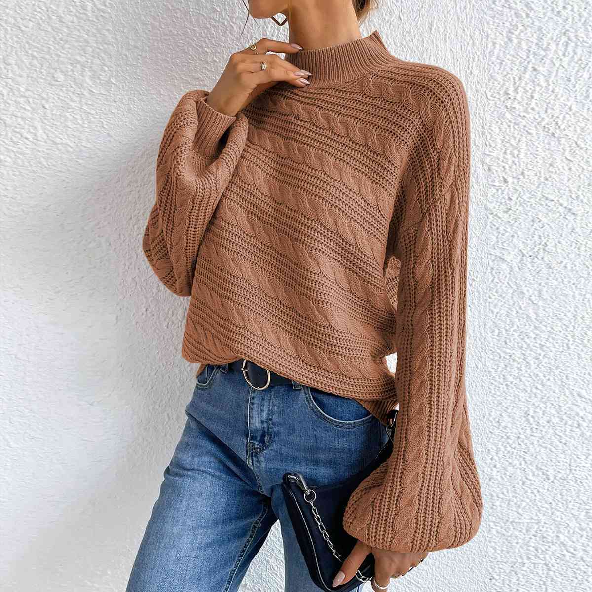 Cable-Knit Mock Neck Long Sleeve Sweater - Deals DejaVu