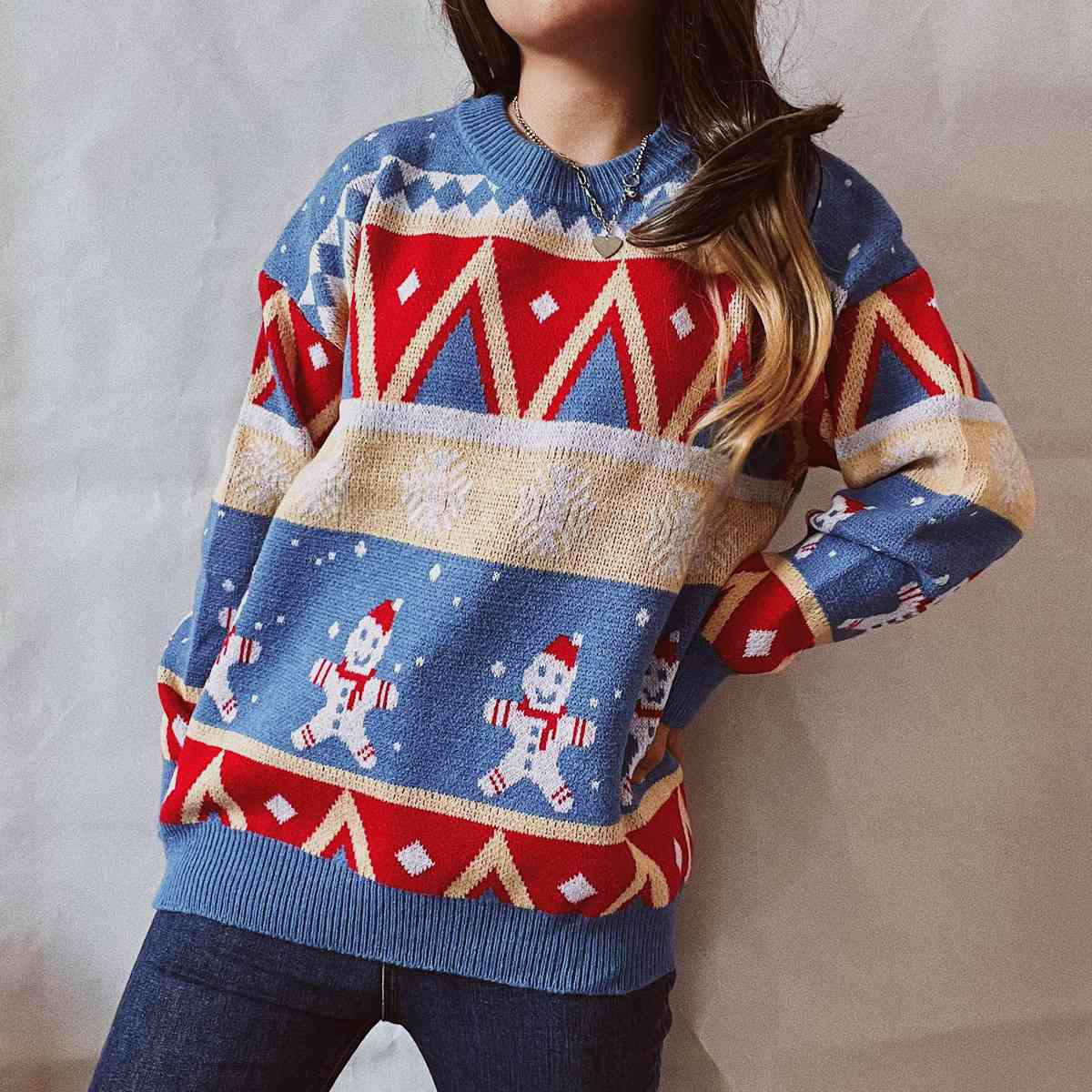 Printed Round Neck Long Sleeve Sweater - Deals DejaVu