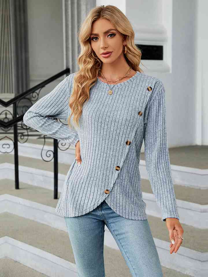 Round Neck Ribbed Button Detail Blouse - Deals DejaVu