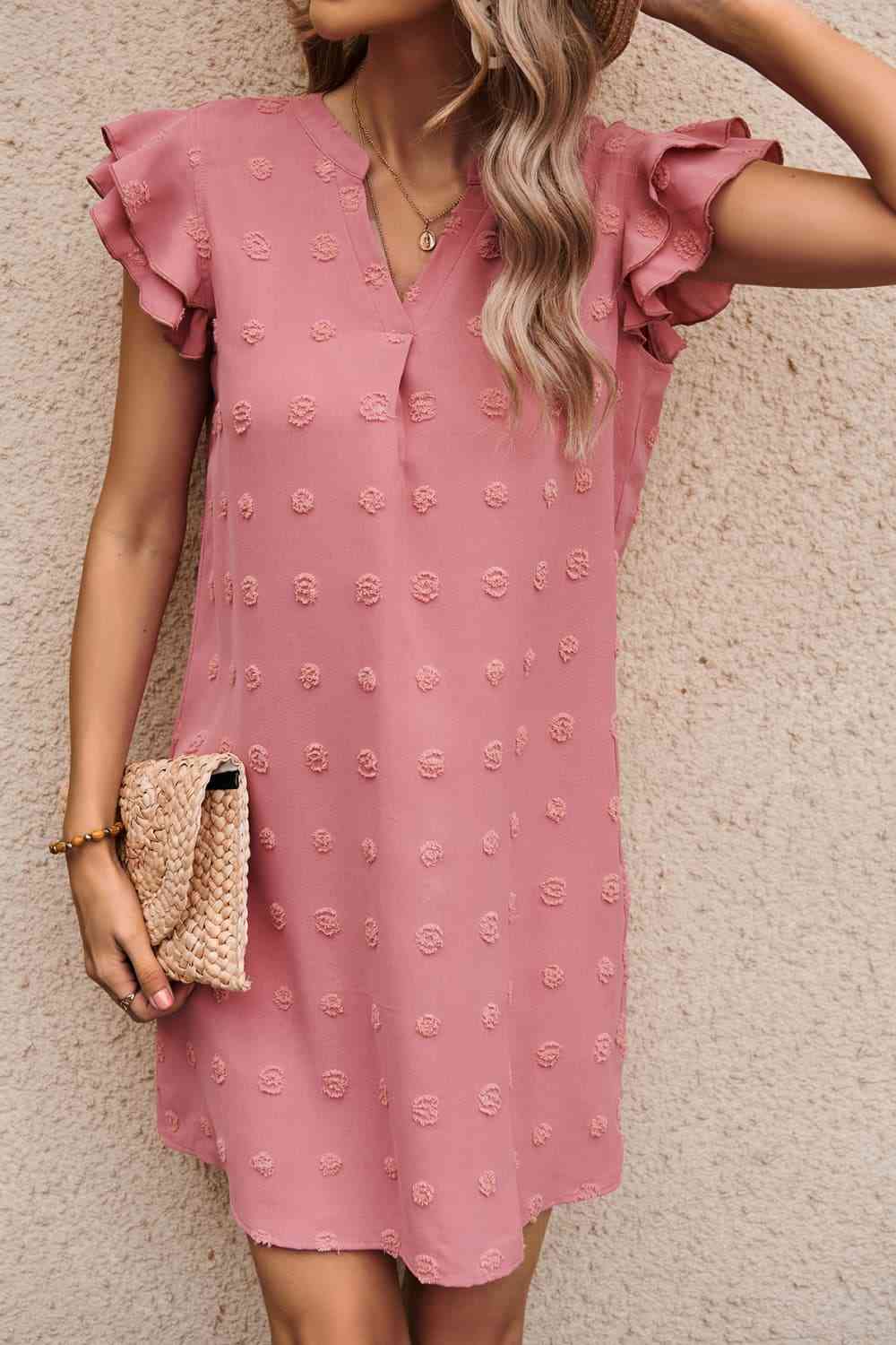 Swiss Dot Notched Neck Flutter Sleeve Dress - Deals DejaVu