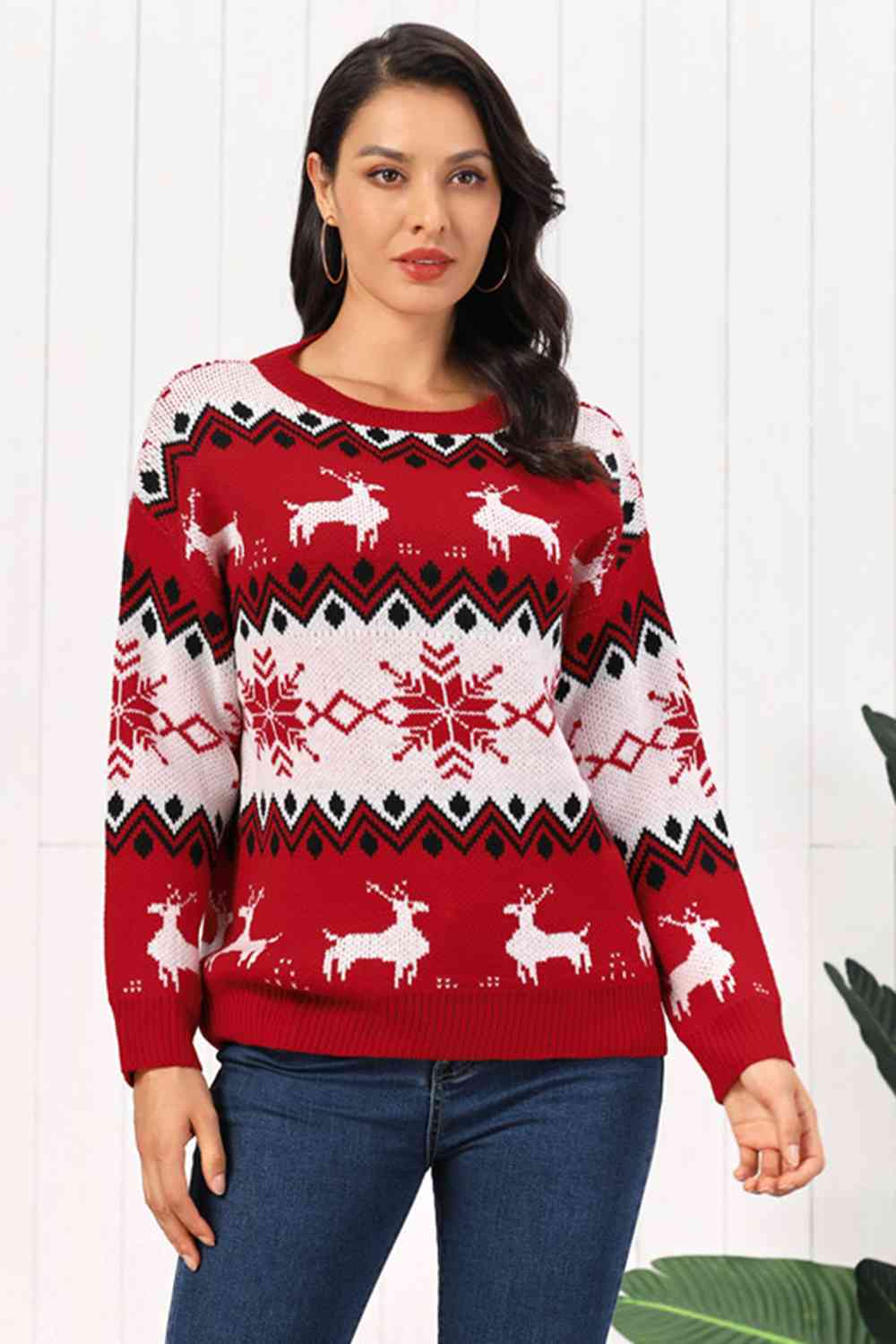 Reindeer Round Neck Sweater - Deals DejaVu