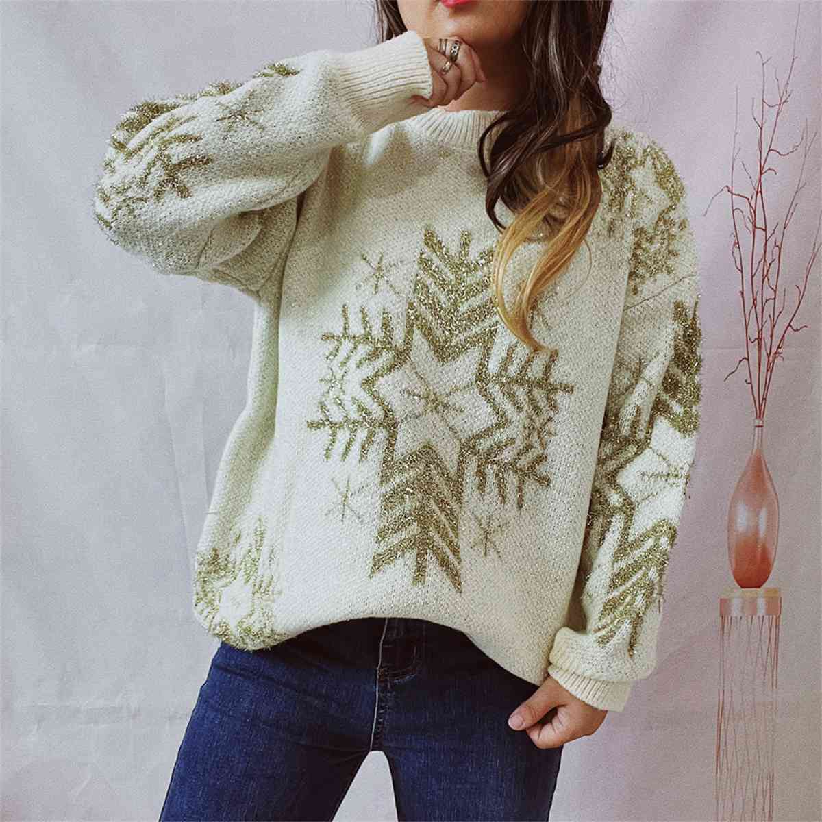 Snowflake Pattern Long Sleeve Sweater - Deals DejaVu