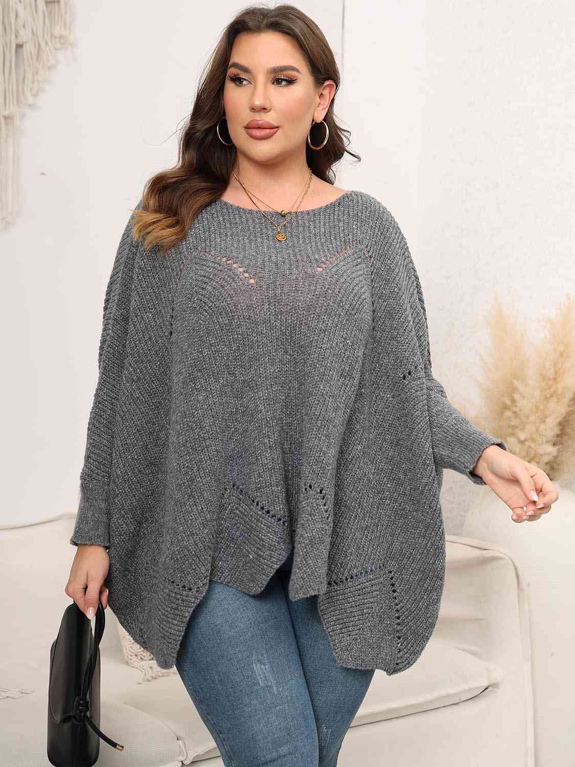 Plus Size Round Neck Batwing Sleeve Sweater - Deals DejaVu