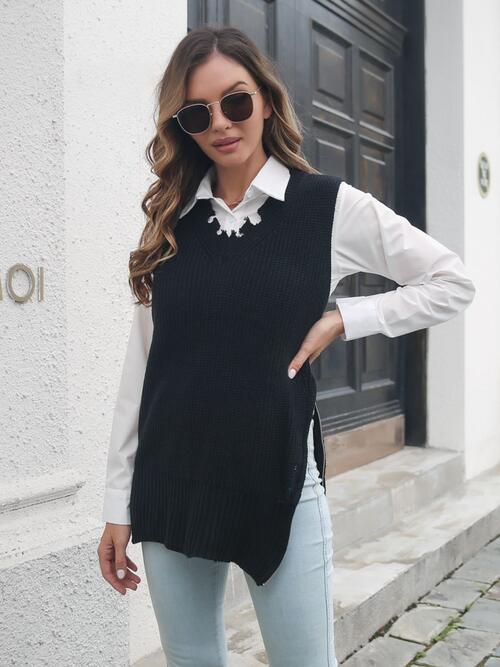 Frayed Hem Slit Sweater Vest - Deals DejaVu