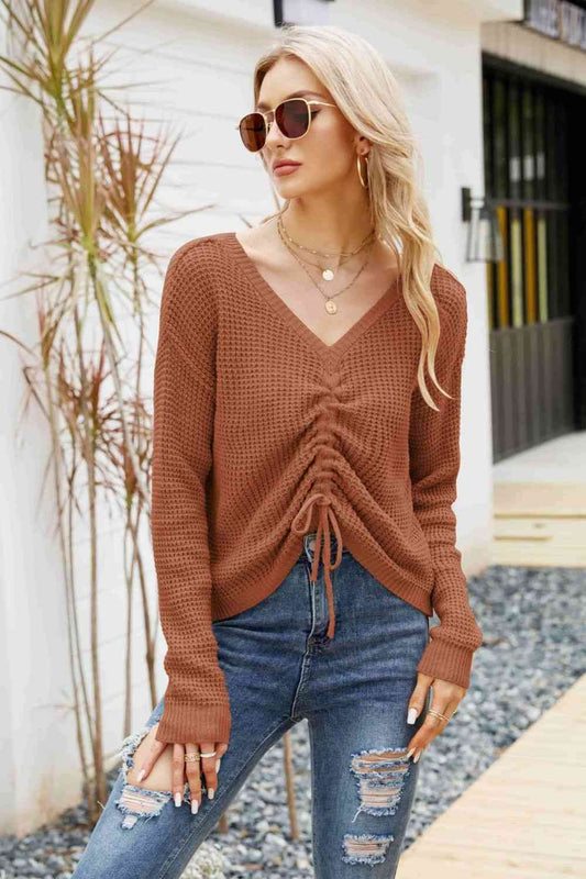 Waffle-Knit Drawstring Detail V-Neck Sweater