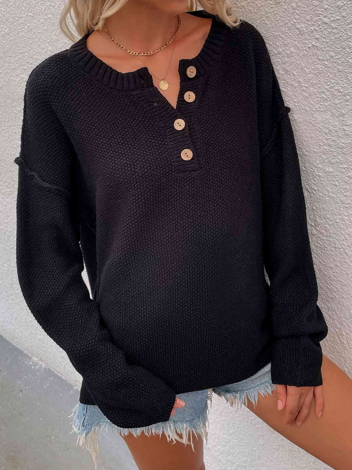 Buttoned Exposed Seam High-Low Sweater - Deals DejaVu