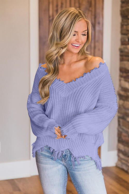 Frayed Hem Dropped Shoulder Sweater - Deals DejaVu