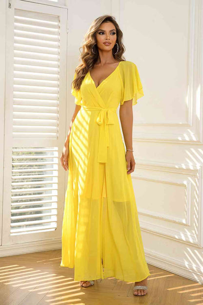 Tie Waist Flutter Sleeve Maxi Dress (BWM) T - Deals DejaVu