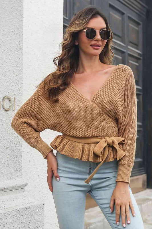 Tie Waist Ruffle Hem Sweater - Deals DejaVu