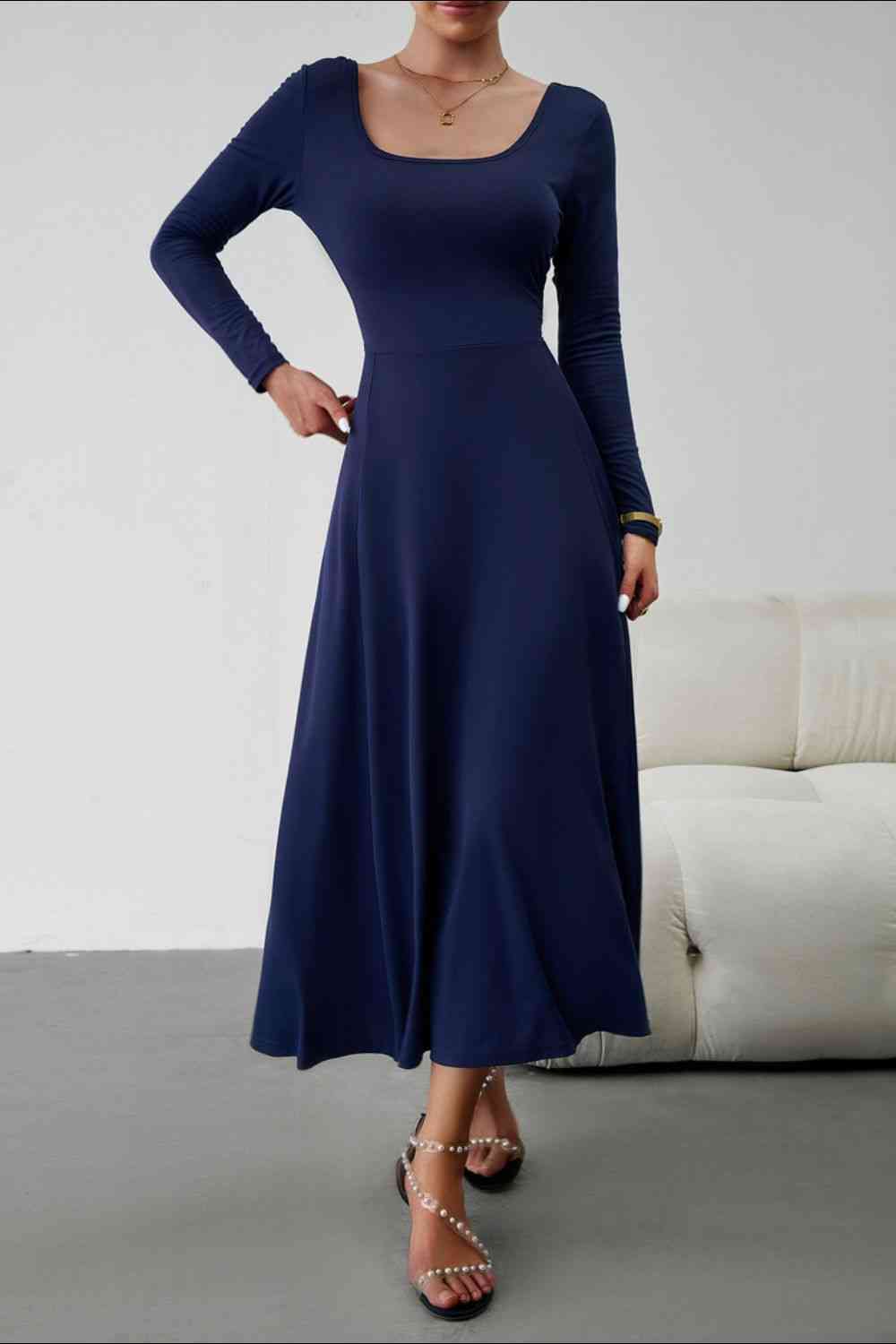 Scoop Neck Long Sleeve Lace-Up Maxi Dress (BWMT) T - Deals DejaVu