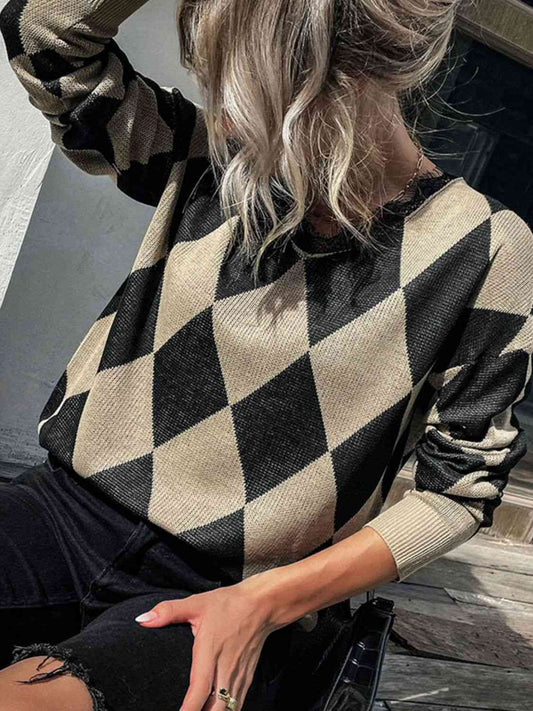 Argyle Eyelash Lace Trim Dropped Shoulder Sweater - Deals DejaVu