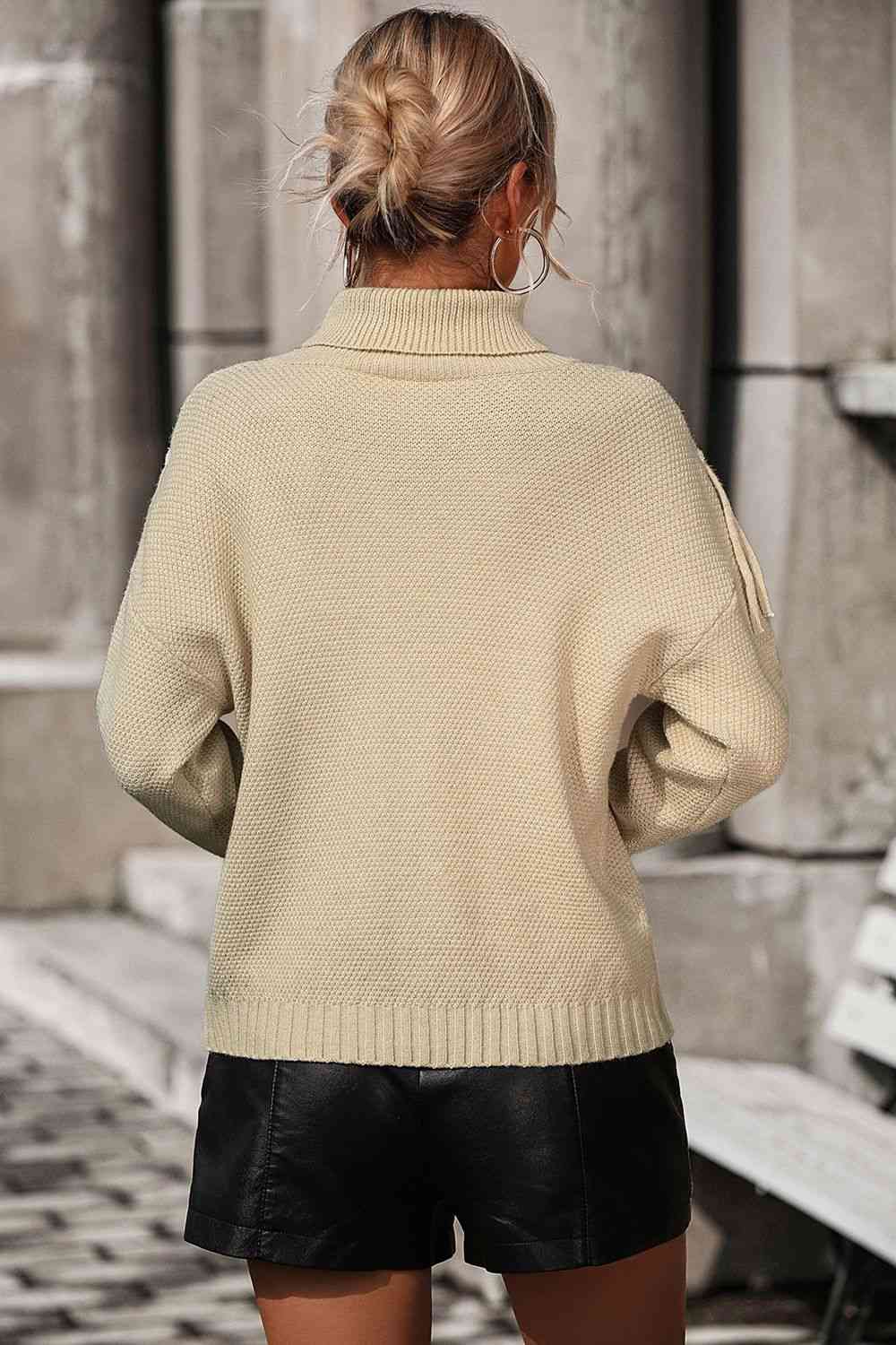 Turtle Neck Tassel Front Long Sleeve Pullover Sweater - Deals DejaVu