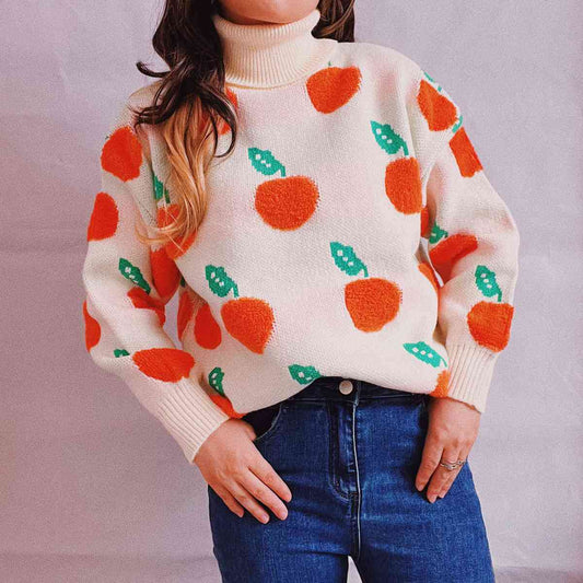 Fruit Pattern Turtleneck Dropped Sweater - Deals DejaVu