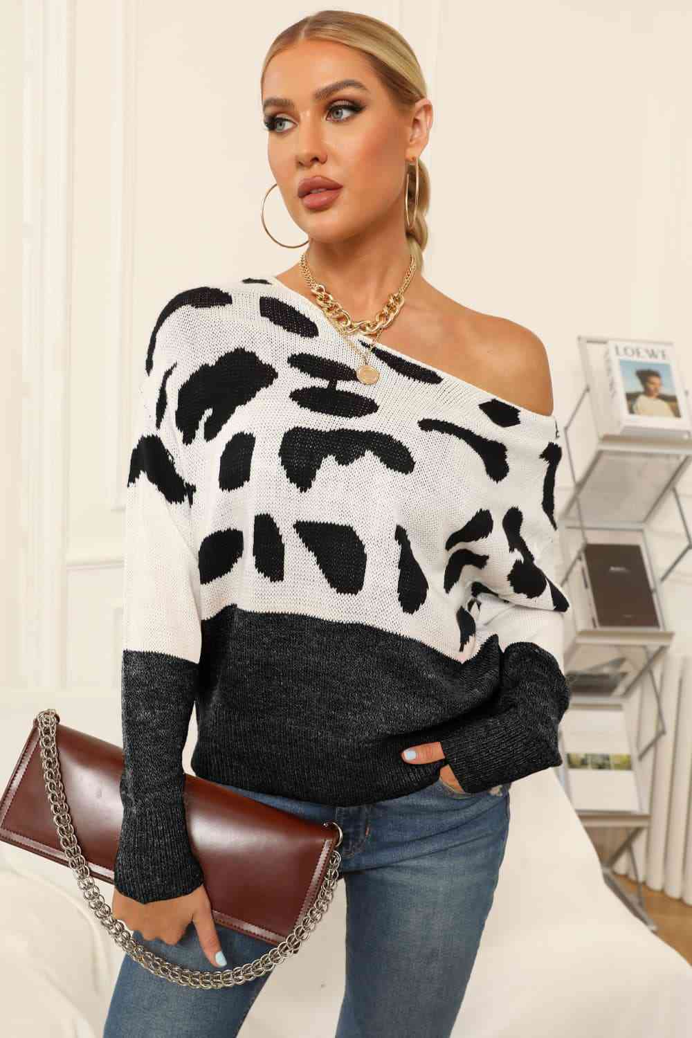 Full Size Two-Tone Boat Neck Sweater - Deals DejaVu