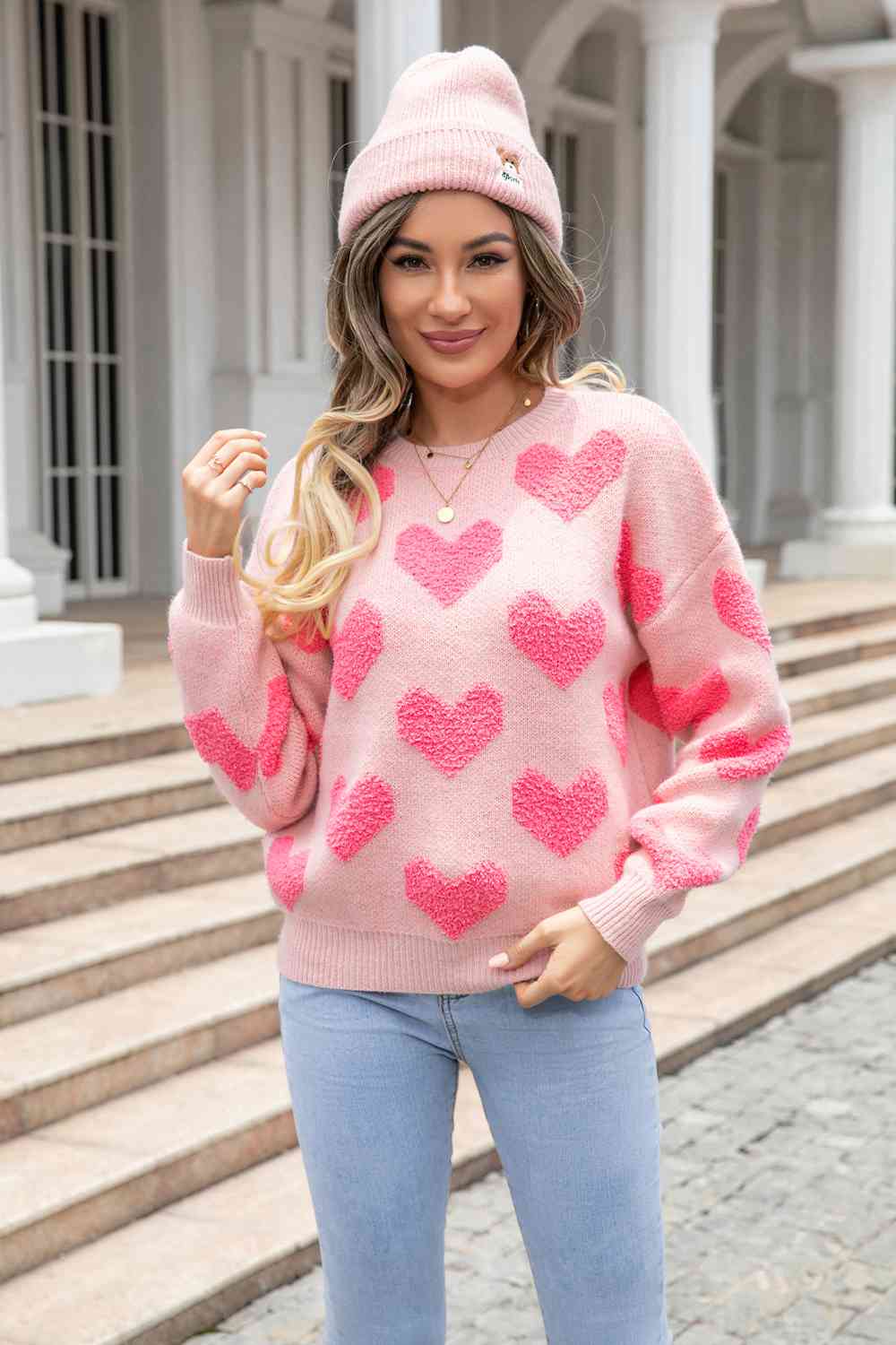 Round Neck Dropped Shoulder Sweater with Heart Pattern - Deals DejaVu