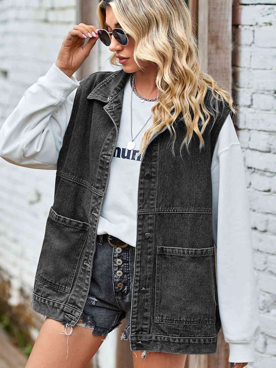 Button Front Sleeveless Denim Jacket - Deals DejaVu