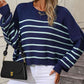 Striped Dropped Shoulder Round Neck Pullover Sweater - Deals DejaVu