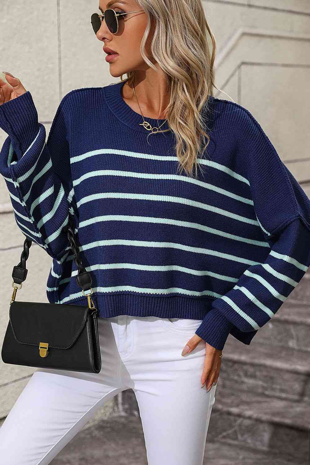 Striped Dropped Shoulder Round Neck Pullover Sweater - Deals DejaVu