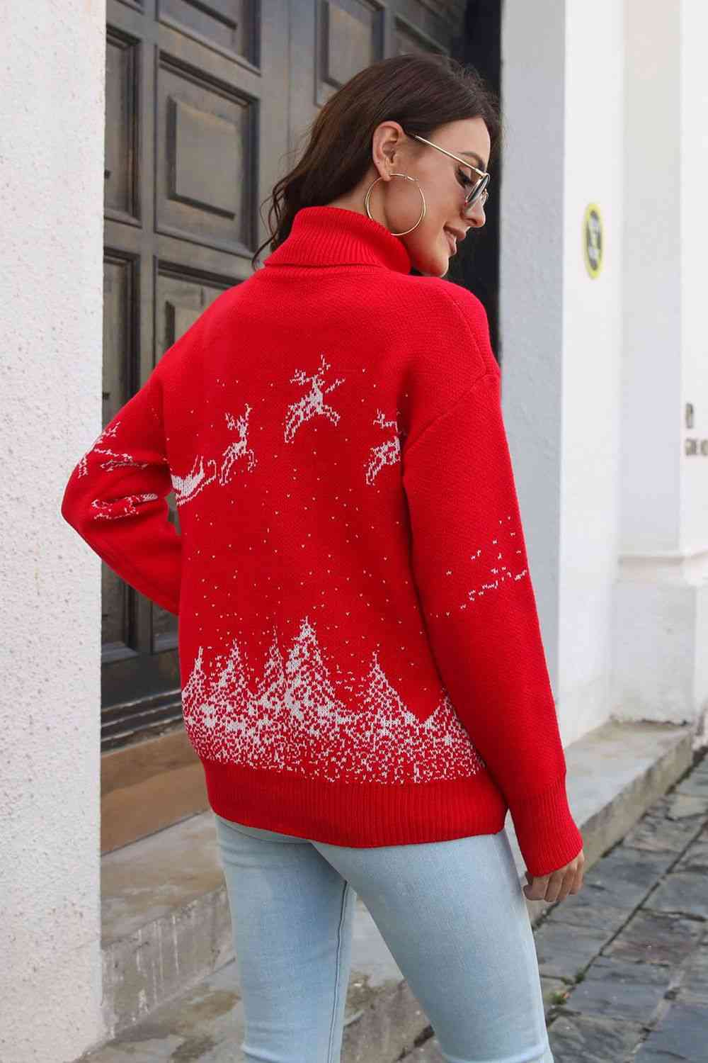 Reindeer & Snow Pattern Turtle Neck Pullover Sweater - Deals DejaVu