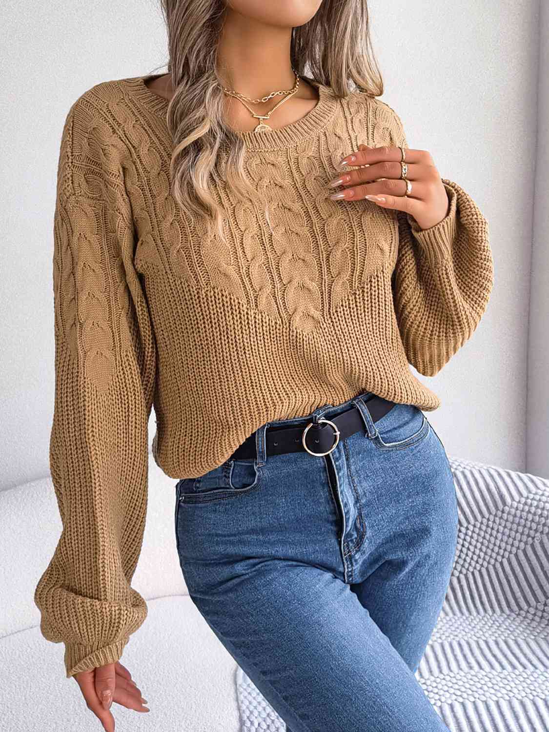 Cable-Knit Round Neck Drop Shoulder Sweater - Deals DejaVu