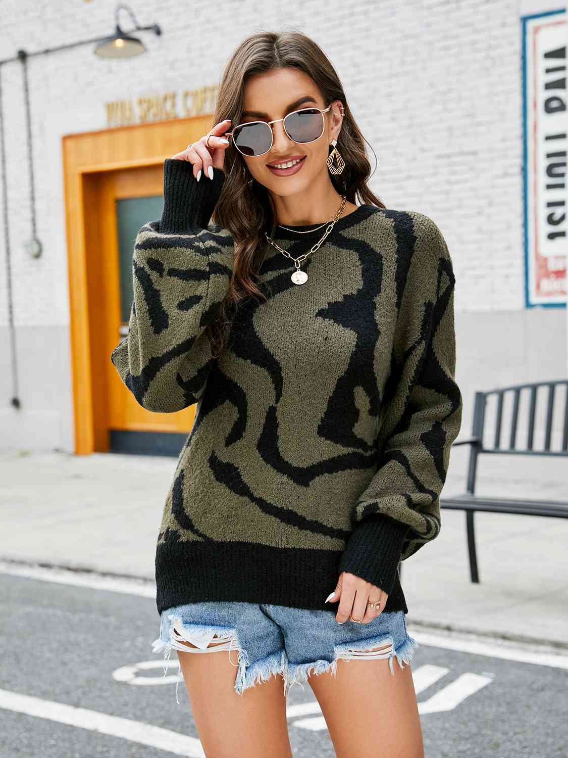 Printed Round Neck Long Sleeve Sweater - Deals DejaVu