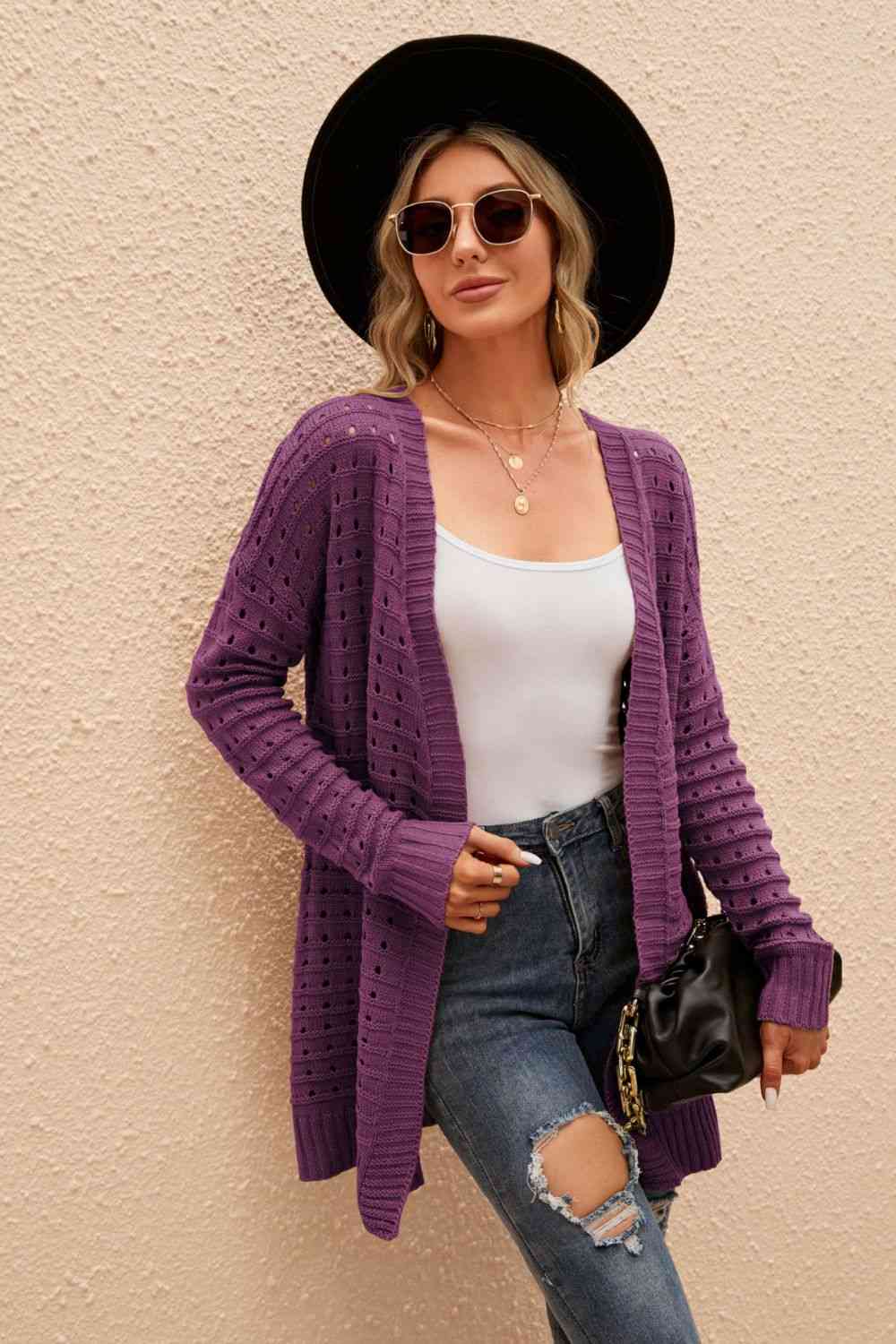 Openwork Horizontal Ribbing Open Front Cardigan