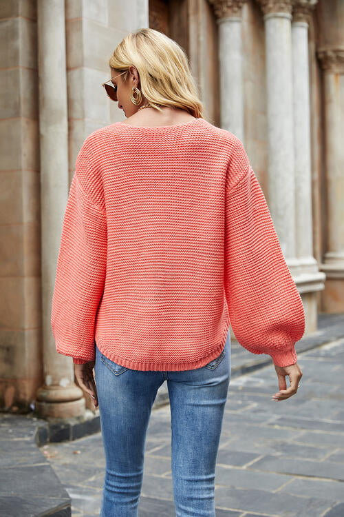 Round Neck Lantern Sleeve Sweater - Deals DejaVu