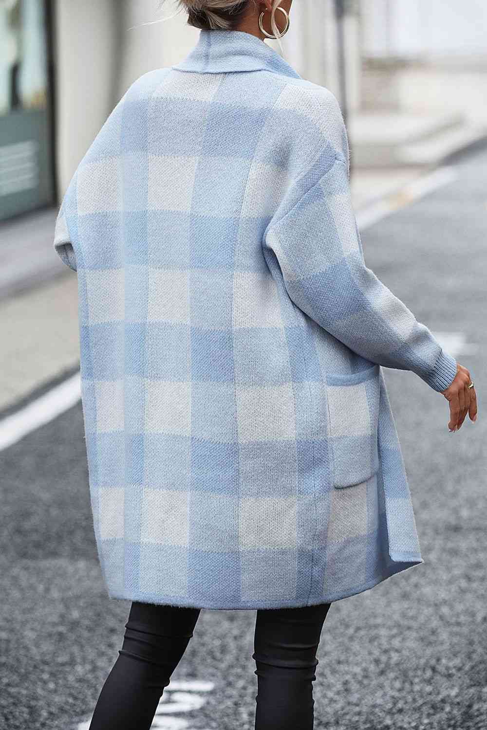 Plaid Dropped Shoulder Cardigan with Pocket - Deals DejaVu