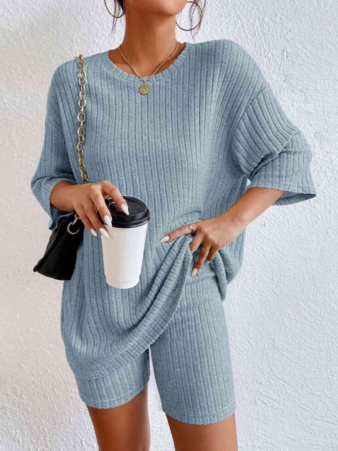 Ribbed Round Neck Top and Shorts Set