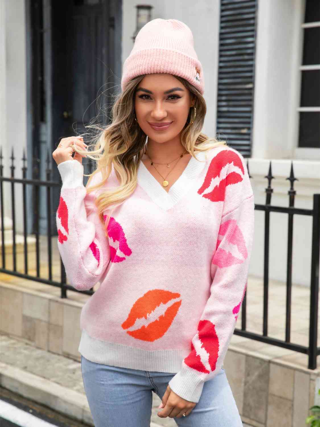 Lip V-Neck Drop Shoulder Sweater - Deals DejaVu