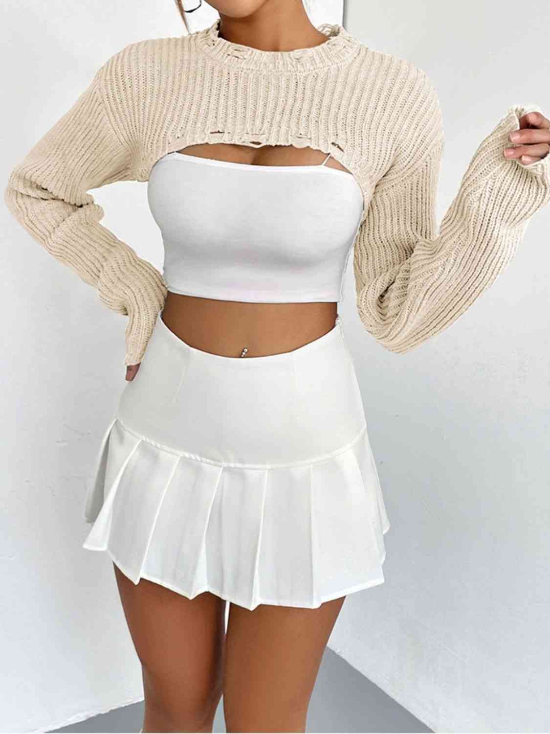 Distressed Long Sleeve Cropped Sweater - Deals DejaVu