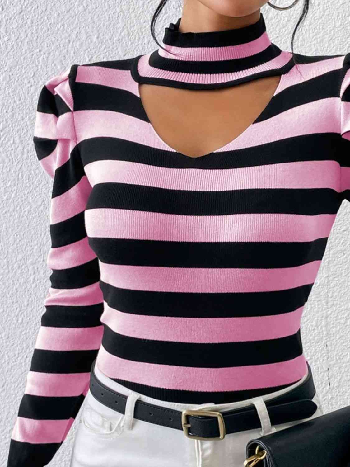 Striped Cutout Mock Neck Knit Top - Deals DejaVu