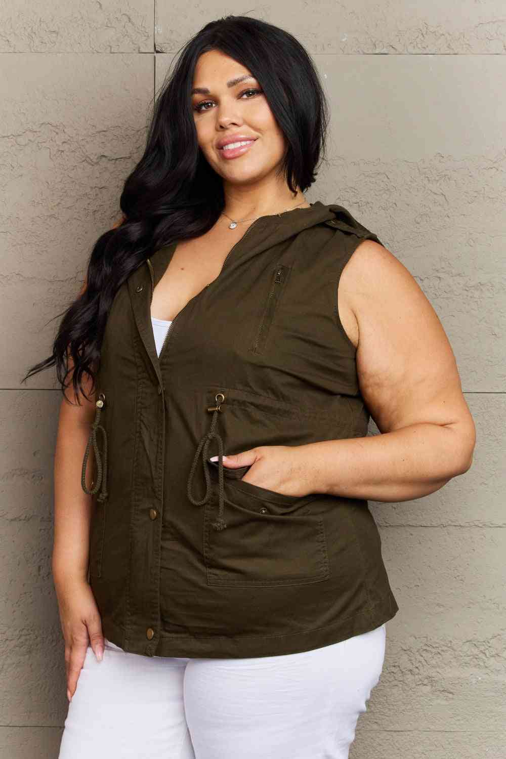 Zenana More To Come Full Size Military Hooded Vest - Deals DejaVu