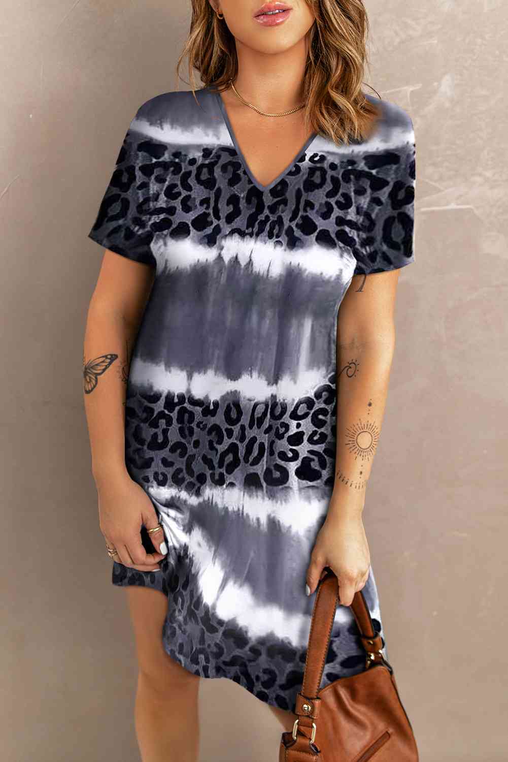 Leopard Color Block V-Neck Short Sleeve Dress (MWBT) T - Deals DejaVu