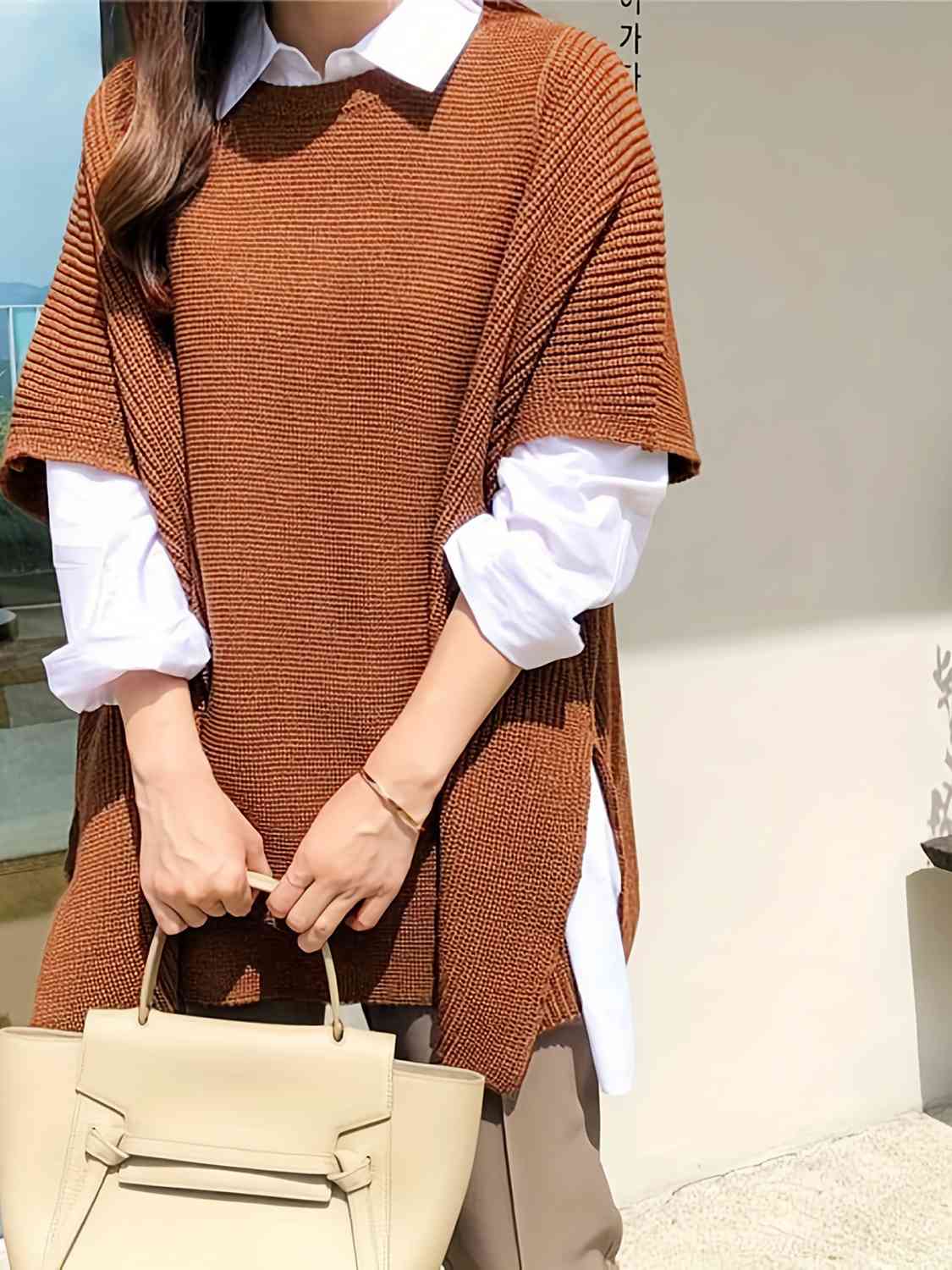 Plus Size Round Neck Slit Short Sleeve Sweater