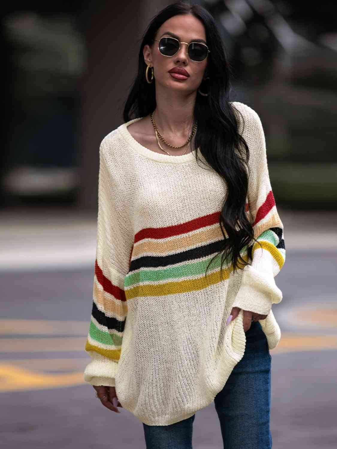 Striped Round Neck Sweater - Deals DejaVu