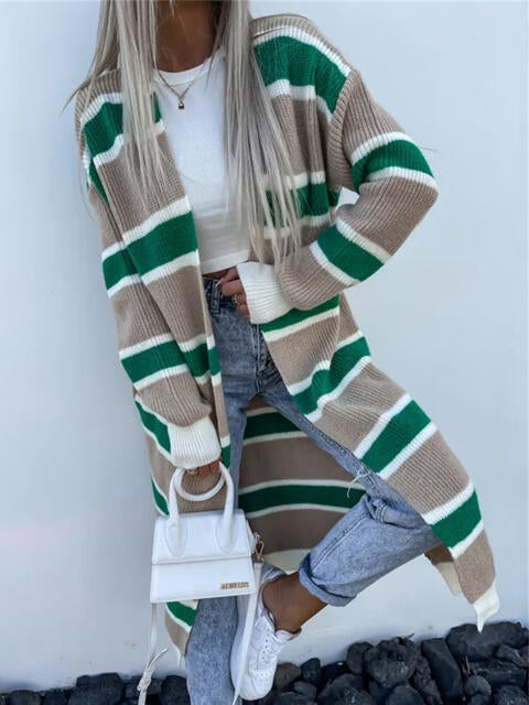 Striped Open Front Longline Cardigan - Deals DejaVu