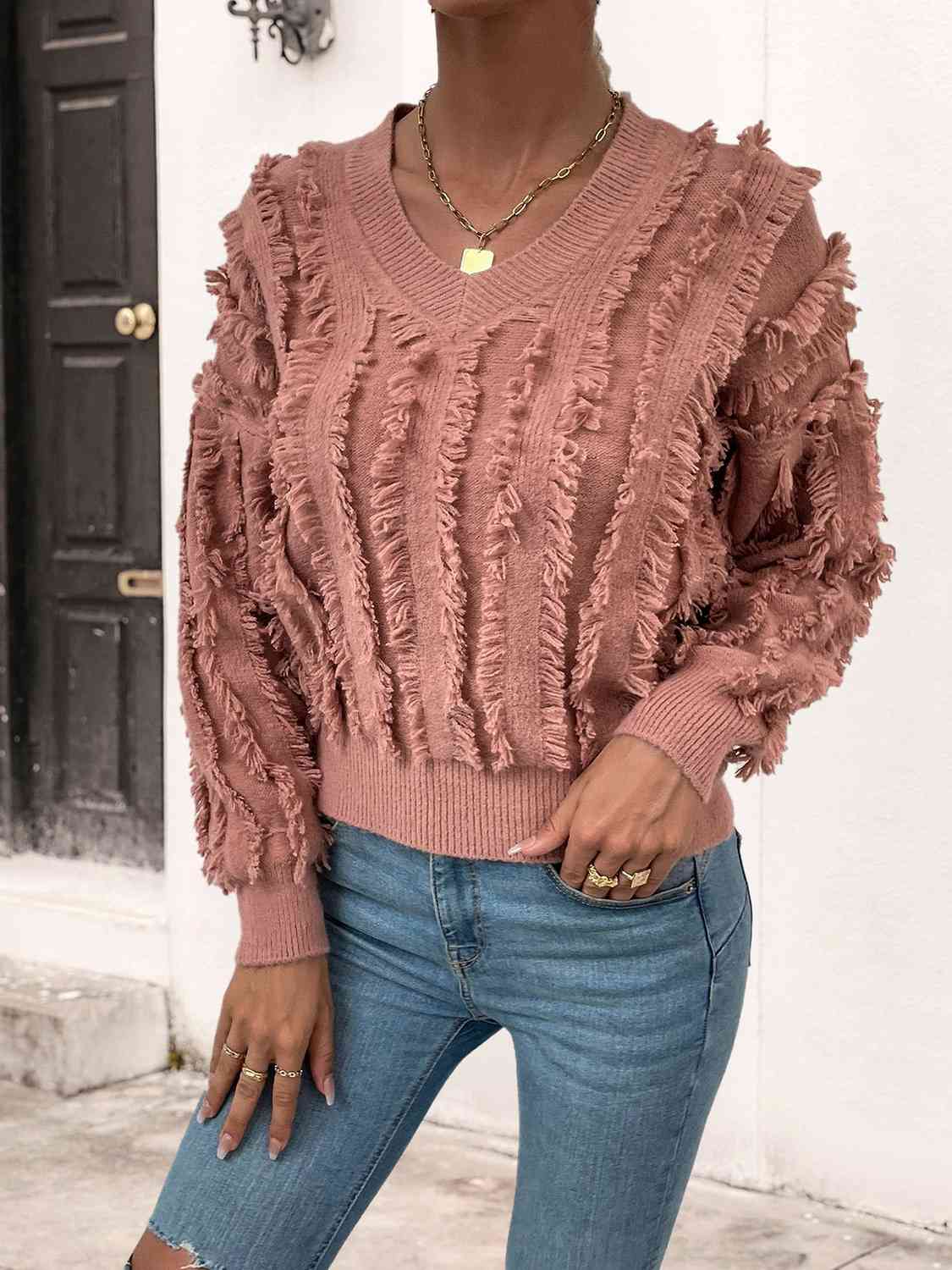 Frill Trim V-Neck Sweater - Deals DejaVu