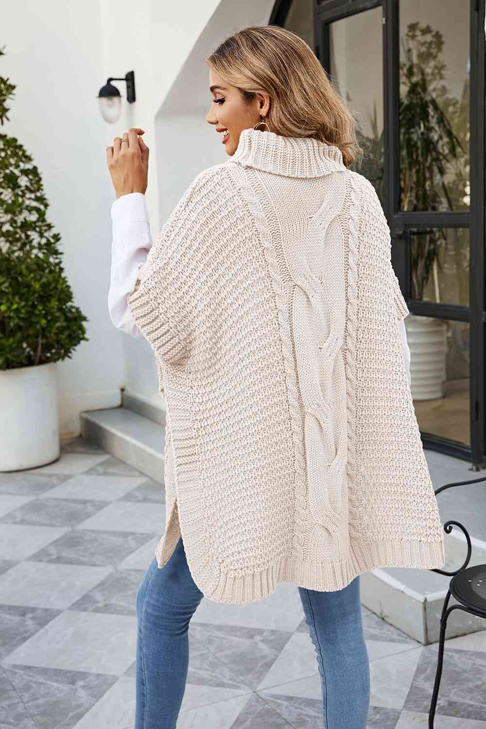 Cable-Knit Turtleneck Slit Sweater - Deals DejaVu