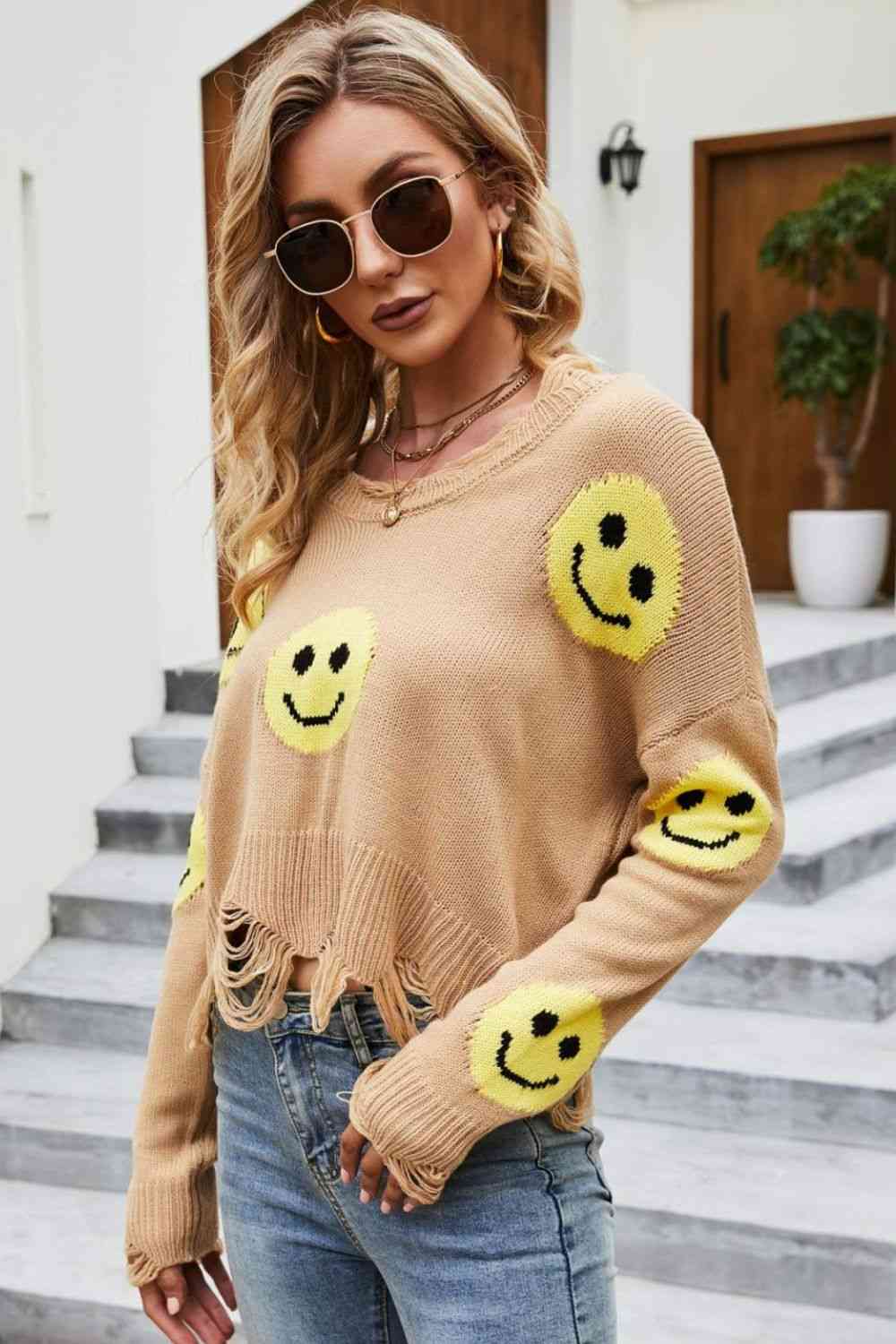 Smiley Face Distressed Round Neck Sweater - Deals DejaVu