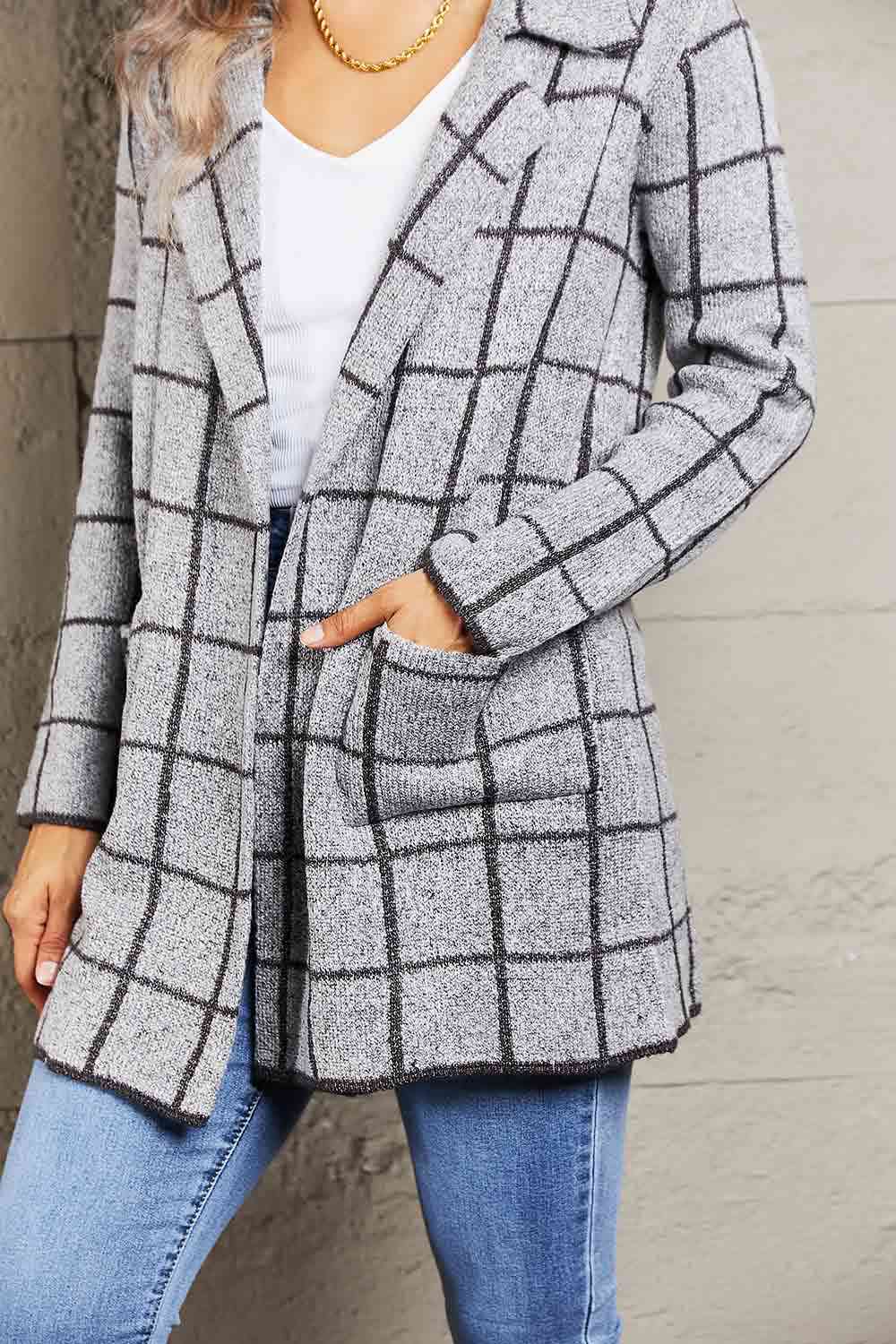 Double Take Printed Open Front Lapel Collar Cardigan with Pockets - Deals DejaVu