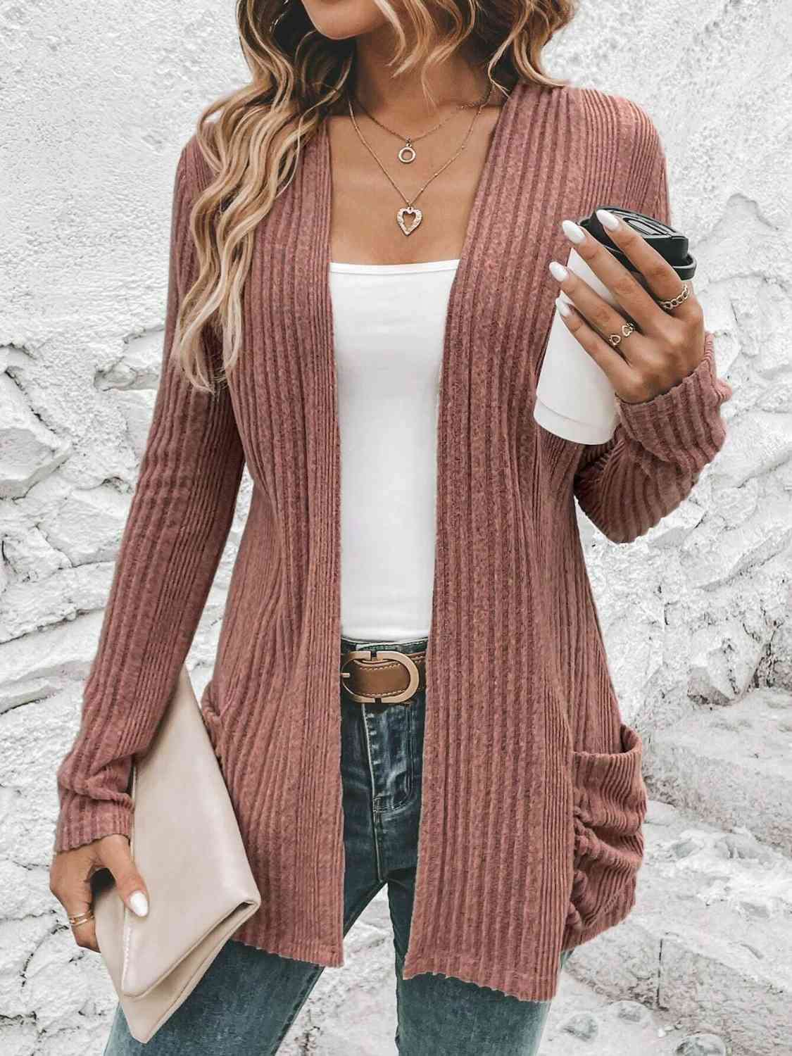 Ribbed Open Front Cardigan with Pockets (BFD) T - Deals DejaVu