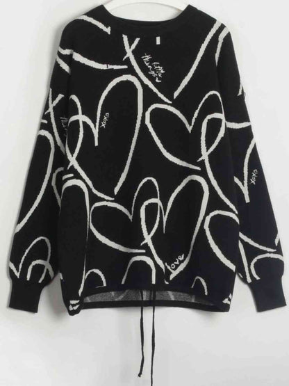 Heart Pattern Drawstring Hem Sweater