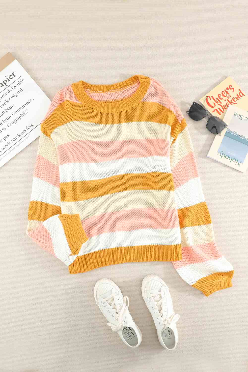 Woven Right Striped Dropped Shoulder Knitted Pullover Sweater