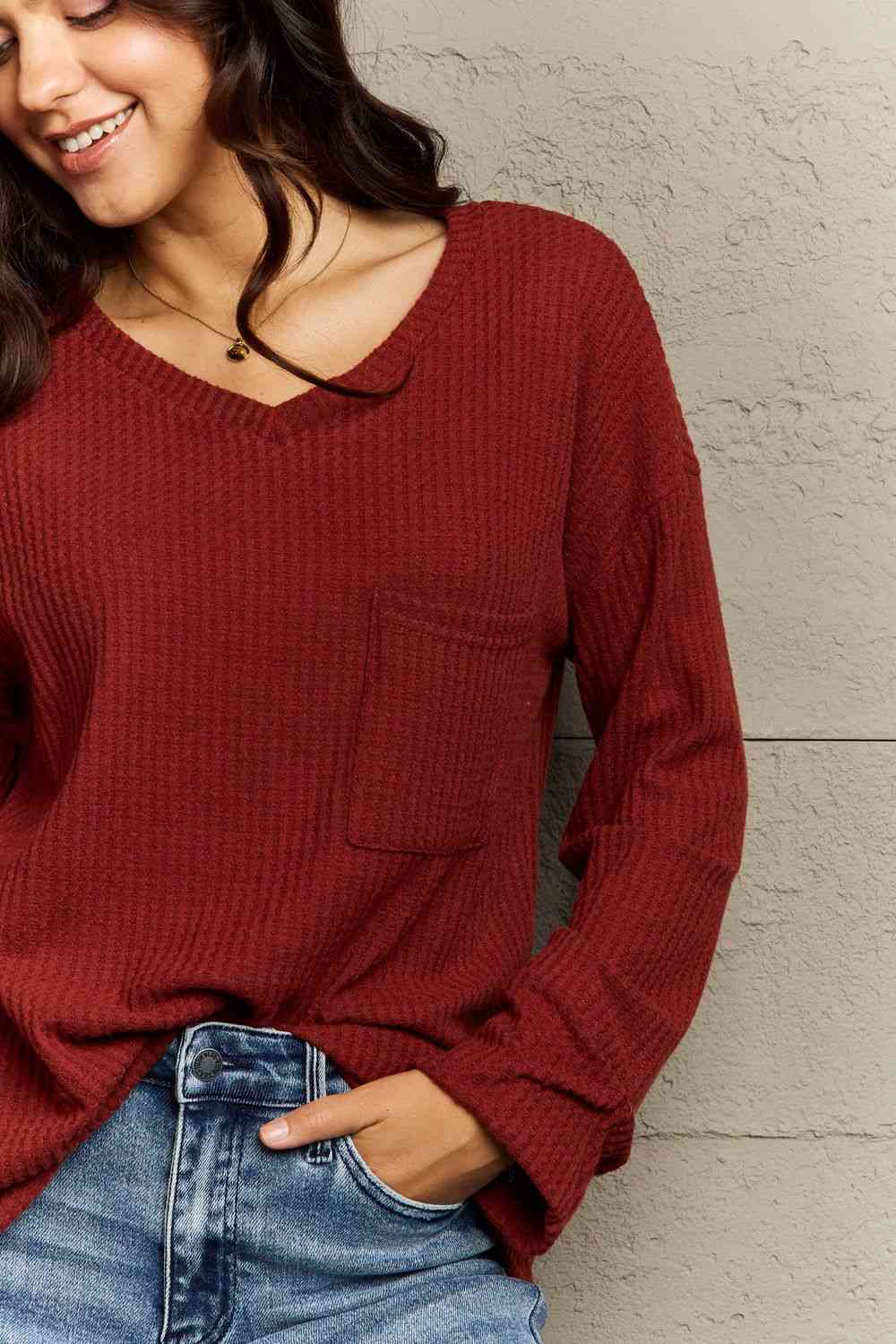 Ninexis Full Size V-Neck Long Sleeve Front Pocket Blouse - Deals DejaVu