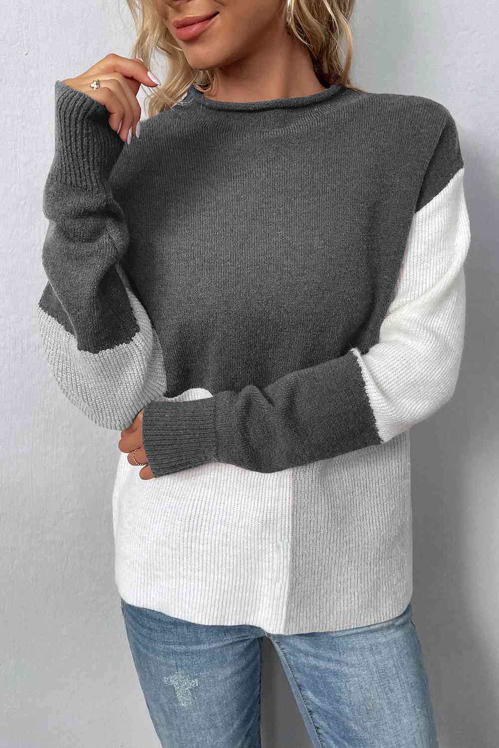 Color Block Round Neck Dropped Shoulder Sweater