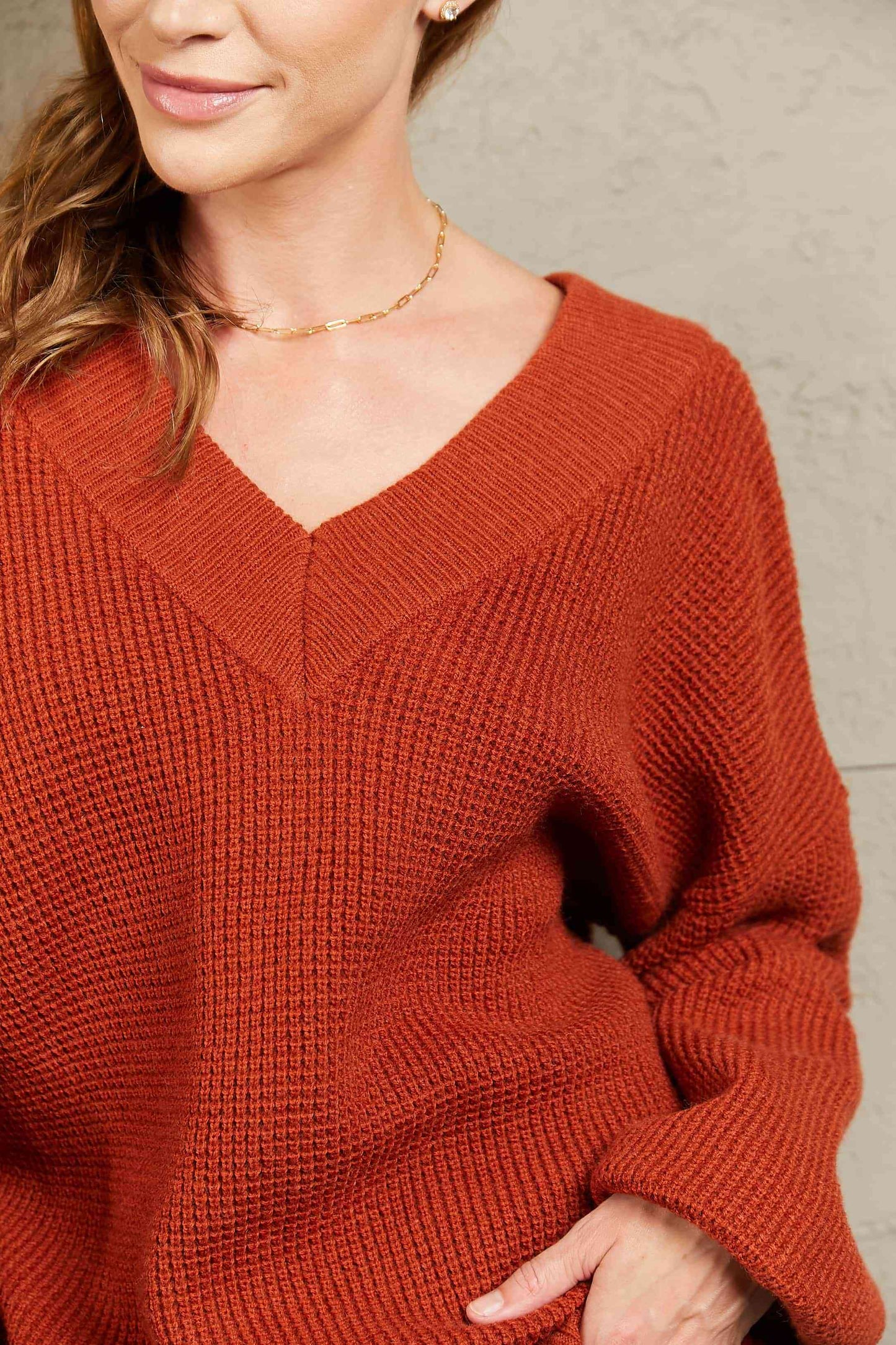 Woven Right Rib-Knit Drop Shoulder V-Neck Sweater