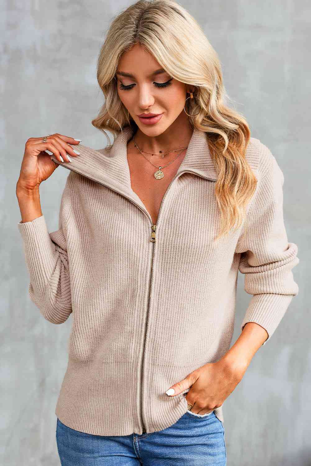 Zip-Up Collared Cardigan