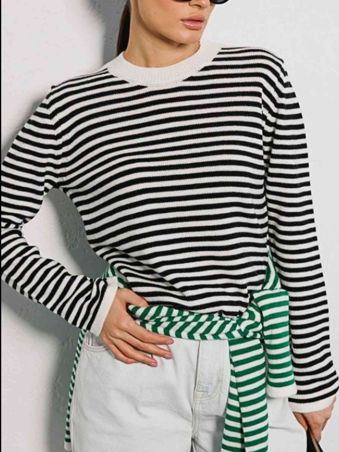 Striped Round Neck Long Sleeve Sweater - Deals DejaVu