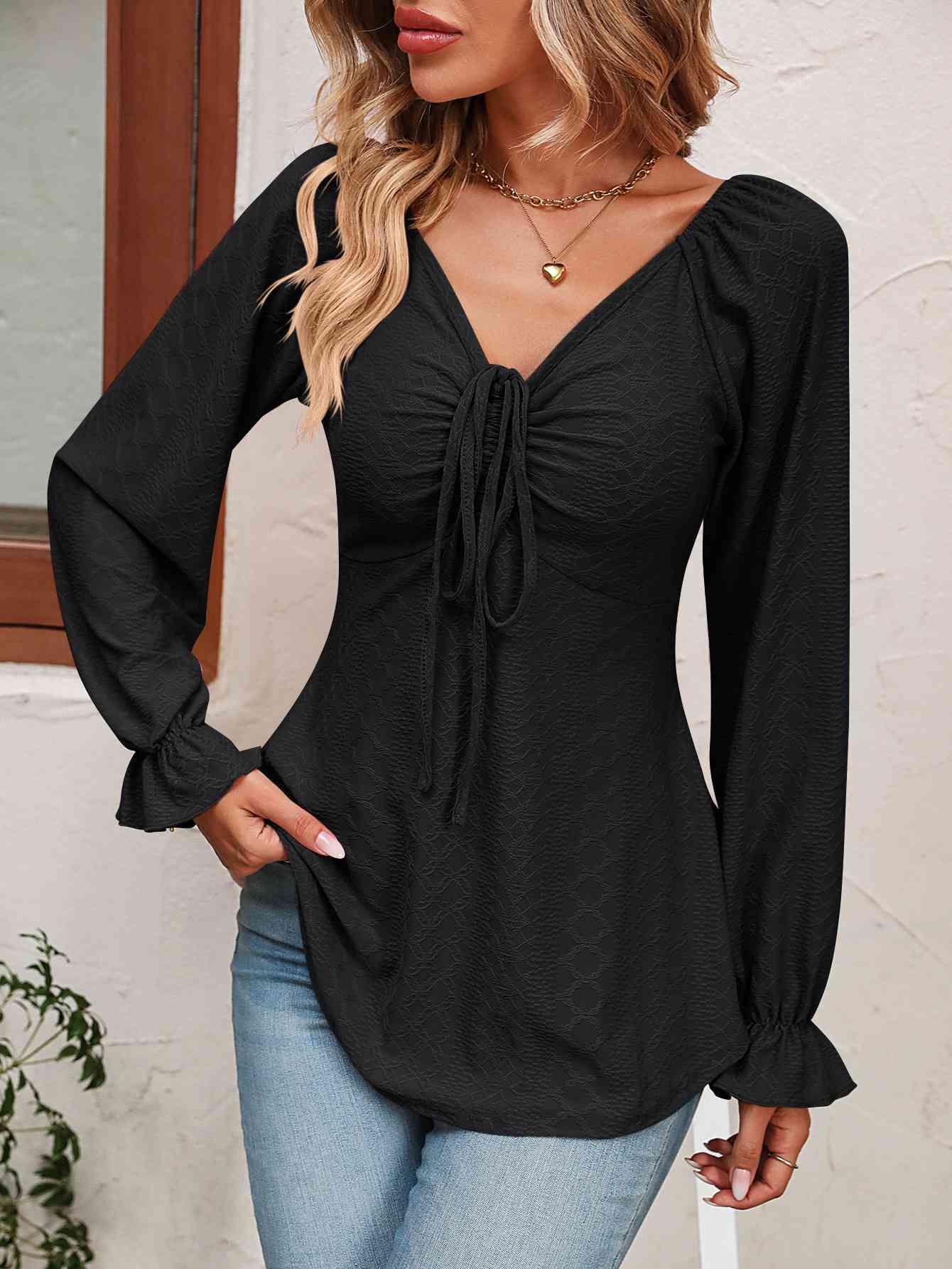 Tie Front V-Neck Puff Sleeve Blouse (BFD) T - Deals DejaVu